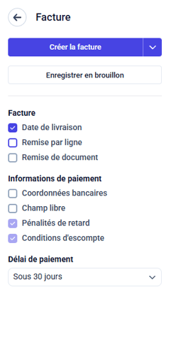 facture - panel de réglages